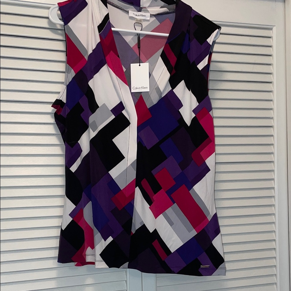 Calvin Klein Women's Abstract Sleeveless Top - Purple, Pink, and Black, XL